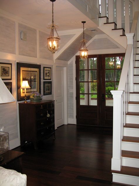 I really love the doors and the light fixtures Trim Stairs, Brazilian Walnut Floors, Brazilian Cherry Hardwood Flooring, Transitional Entry, Walnut Flooring, Cherry Hardwood Flooring, Brazilian Cherry Floors, Staircase Styles, Dream Salon