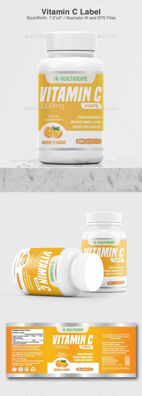 Vitamin C Label by Dkgray | GraphicRiver Vitamin Label Design, Protein Packaging, Vitamin Health, Label Design Template, Medicine Design, Supplement Packaging, Supplements Packaging, Medicine Packaging, Bottle Label Design