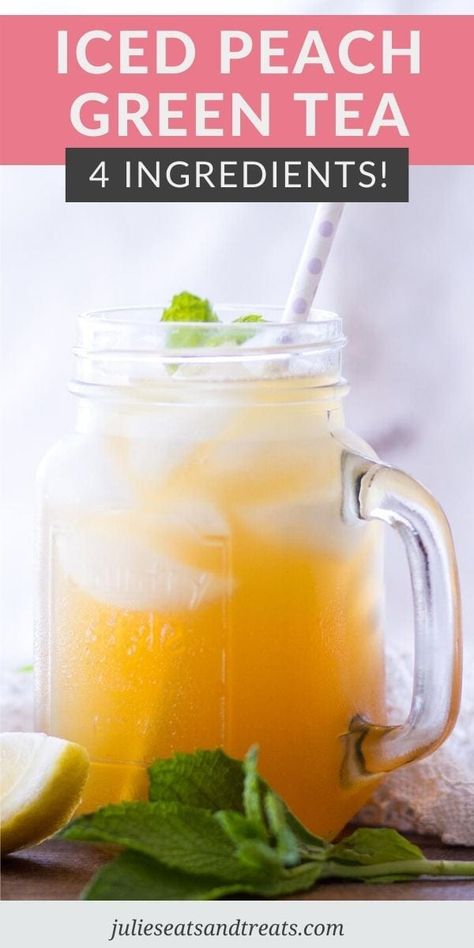 Homemade Iced Peach Green Tea that is naturally sweetened with a simple syrup made with honey. Mixed with steeps green tea and peach puree for a delicious iced tea recipe. #icedtea #recipe Iced Green Tea With Honey, Cold Green Tea Recipe, Sweet Green Tea Recipe, Peach Green Tea Recipe, Green Tea Recipes Healthy, Iced Peach Green Tea, Easy Iced Tea, Aip Drinks, Iced Green Tea Recipe