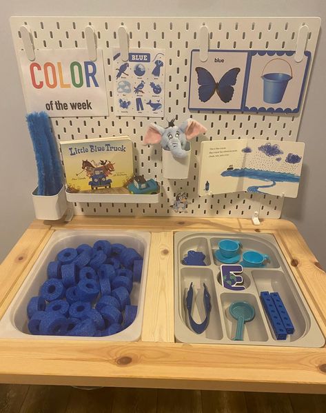 Blue Sensory Activities, Little Blue Truck Sensory Bin, Blue Sensory Bin, Ikea Sensory Table, Science Center Preschool, Winter Activities For Toddlers, Kids Sensory Activities, Sensory Play Toddlers, Flisat Table