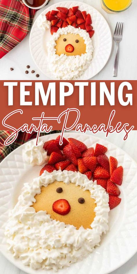 Santa Pancakes are so much fun for Christmas morning. Kids will love these adorable Santa pancakes that are so easy to make. These adorable homemade pancakes are soft and fluffy while being perfectly decorated as Santa Claus. From the spray whipped cream for the beard to the chocolate chips for eyes, it is a blast to create. #eatingonadime #santapancakes #holidaybreakfastrecipe Pancakes For Kids, Santa Pancakes, Christmas Morning Punch, Oven Cooked Bacon, Breakfast Calories, Kids Pancakes, Christmas Morning Breakfast, Recipe Email, Pancake Recipe Easy