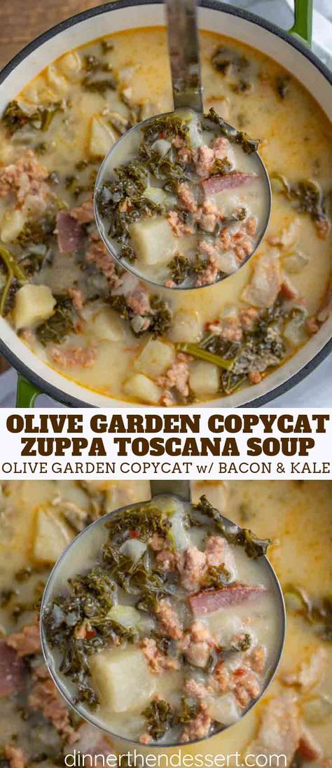 Olive Garden Zuppa Toscana Soup is a fan favorite hearty soup with kale, potatoes, sausage, cream and bacon. #soup #sausage #kale #copycat #olivegarden #dinnerthendessert Soup Toscana, Olive Soup, Dessert Garden, Copycat Dinner, Olive Garden Zuppa Toscana Soup, Soup Sausage, Olive Garden Zuppa, Olive Garden Soups, Recipes Copycat