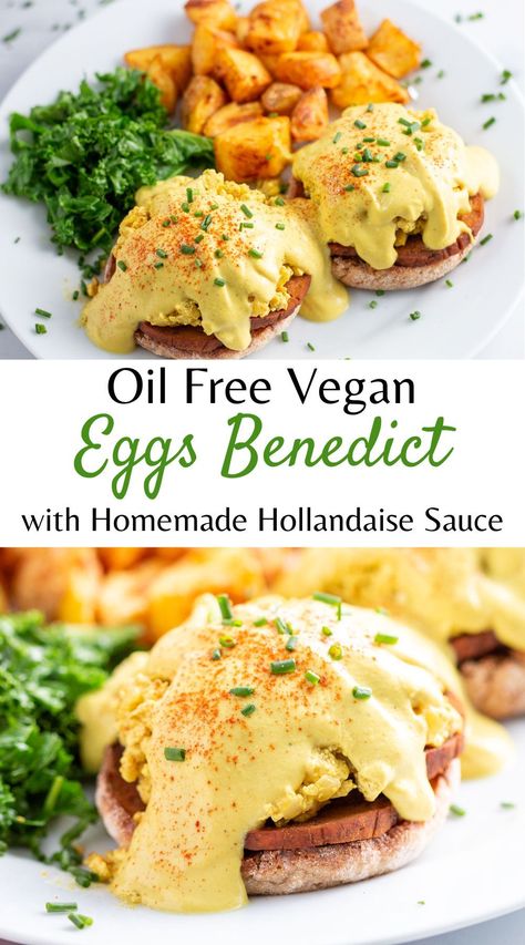 This Vegan Eggs Benedict recipe the perfect weekend brunch dish! Crispy English muffins piled high with vegan ham, scrambled tofu, and slathered in creamy vegan hollandaise sauce. You’ll be saying “yum” with every bite! Vegan Egg Breakfast, Vegan Egg Benedict, Vegetarian Eggs Benedict, Vegan Eggs Benedict, Vegan English Breakfast, Tofu Breakfast Recipes, Vegan Savory Breakfast, Vegan Benedict, Vegan Brunch Ideas