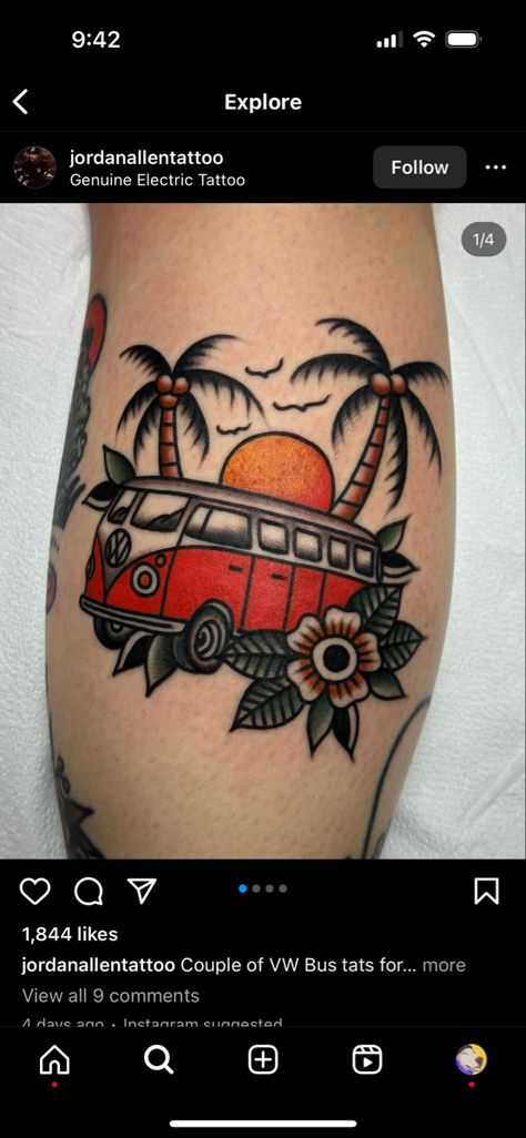 Van Tattoo Volkswagen, Volkswagen Van Tattoo, Vw Van Tattoo, Volkswagen Bus Tattoo, Old School Car Tattoo, Vw Bus Tattoo, Campervan Tattoo, Van Tattoo, Jeep Tattoo