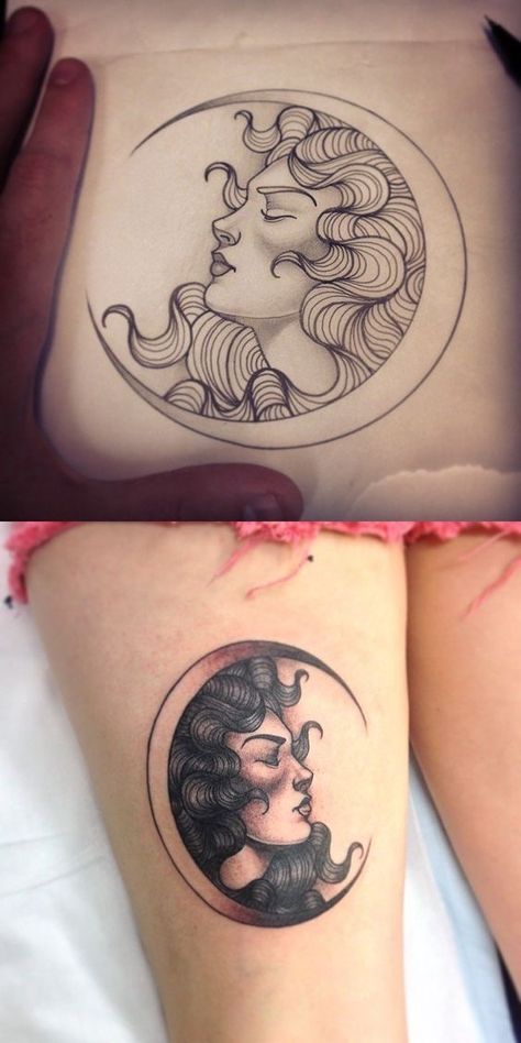 Woman Moon Art, Moon Women Tattoo, Curly Tattoo, Tattoos Infinity, Disney Tattoo, E Tattoo, Nature Tattoos, Mandala Tattoo, Skin Art