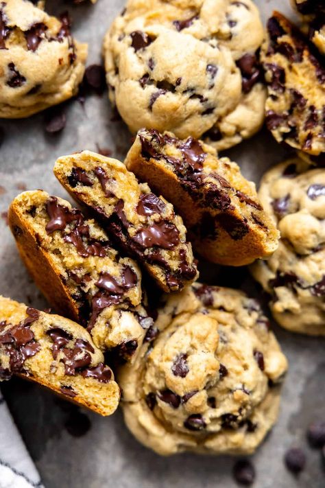 These Thick Chocolate Chip Cookies are nice and golden on the outside and soft and gooey on the inside. Loaded up with tons of melted chocolate. The best part is the size. These cookies are thick and hearty! Easy to make, with step by step directions. Thick Chocolate Chip Cookies, Gooey Chocolate Chip Cookies, Brown Butter Chocolate Chip Cookies, Melted Chocolate, Candy Desserts, Homemade Cookies, Mug Cake, Cookie Cake, Cookies Recipes Chocolate Chip