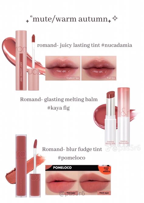 Soft Autumn Korean Makeup, Soft Autumn Lipstick Colors, Warm Undertone Makeup, Autumn Lipstick Colors, Autumn Mute, Autumn Lipstick, Warm Tone Makeup, Matte Liptint, Neutral Skin Tone