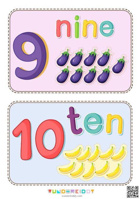 Flash cards «Learning to count up to 10» - Download or print for free Number 10 Activities For Preschool, Numbers 1-10, Activities With Preschoolers, Elementary Math Activities, Preschool Center Signs, Learning Numbers Preschool, Preschool Charts, Alphabet Activities Kindergarten, Learning To Count