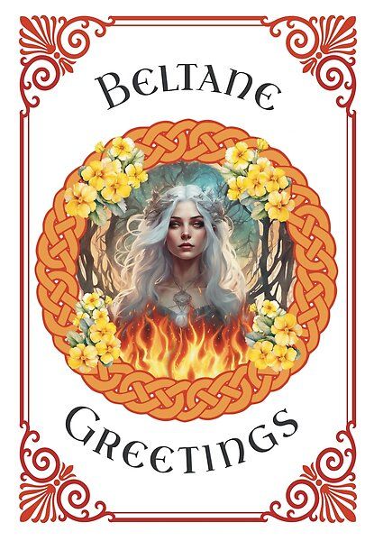 Beltane Greetings, Pagan Wiccan Greeting Card by HerFreeSpirit | Redbubble  A beautiful Beltane Greetings card for Pagans and Wiccans who celebrate this Irish and Scottish May Day festival of fire. The card features a combination of Art Nouveau and Celtic design, with fire and yellow flowers associated with the festival.  #beltane #pagan #wiccan #goddess #elf #fairy #fae #nature #sprite #wicca #witch #fire #festival #celebration #celtic #irish #scottish #art #nouveau #May #Day Wiccan Goddess, Elf Fairy, Fire Festival, Day Festival, May Day, Celtic Design, May Days, Scottish Art, Festival Celebration