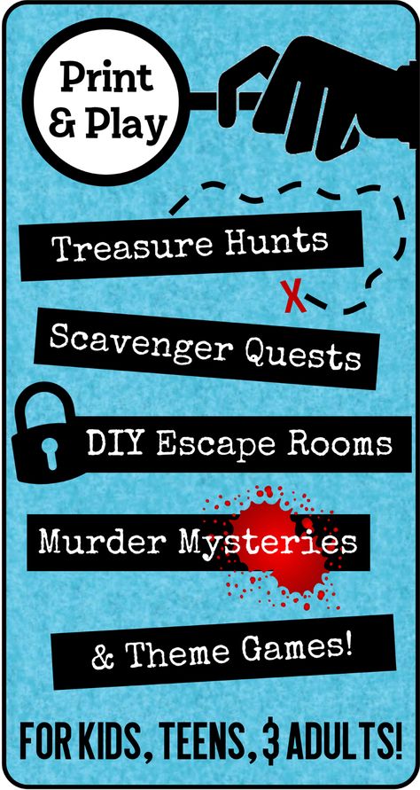 Printable Treasure Hunts, Scavenger Quests, DIY Escape Rooms, Murder Mystery Games for kids, teens, & adults. Library Treasure Hunt, Escape Room Clues Ideas, Printable Escape Room Kit Free, Treasure Hunt Clues For Teens, Riddle Scavenger Hunt Ideas, Scavenger Hunt Puzzles, Escape Room Riddles, School Treasure Hunt, Escape Room Clues