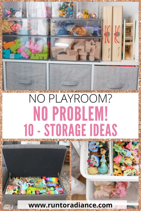 No Playroom? No Problem! 10 Toy Storage Ideas For Any Space Hidden Toys In Living Room, Toys Storage In Living Room, Toy Storage In Small Spaces, Cheap Diy Toy Storage Ideas, Kids Toy Corner In Living Room, Toys Storage Ideas For Small Spaces, Playroom And Bedroom Combined Small, Finished Basement Toy Storage, Toy Storage Room Ideas