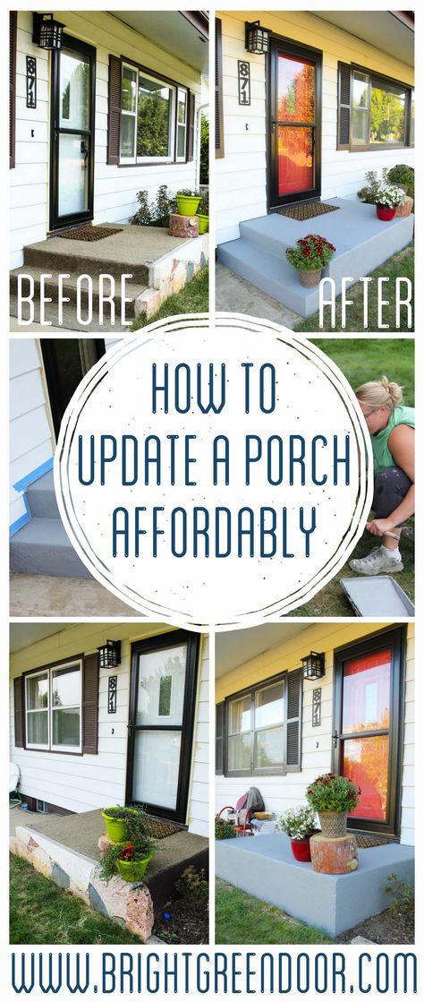 An Affordable Porch Makeover, Painted Concrete, Painted Front Porch, BEHR DeckOver, Small Front Porch, Painted Front Steps, Painted Cement, Painted Concrete Concrete Front Porch, Concrete Patio Makeover, Front Porch Makeover, Porch Paint, Front Stoop, Painted Concrete, Cement Patio, Stairs Makeover, Painted Front Porches