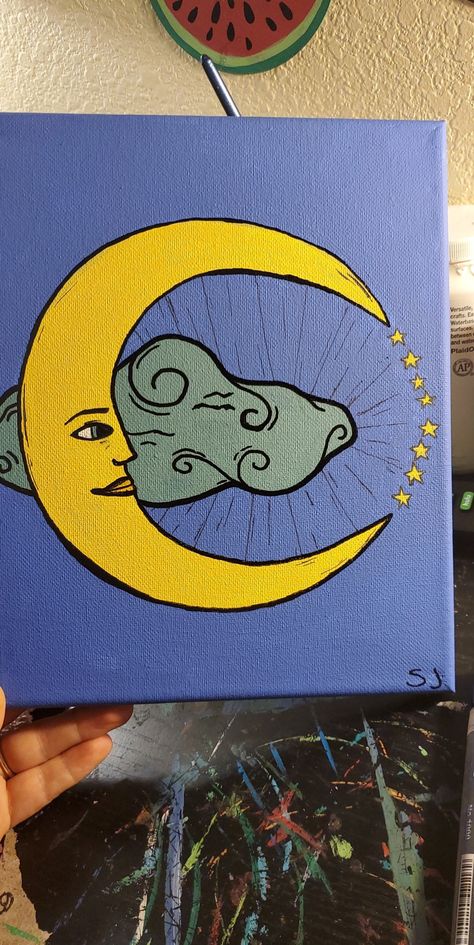 Easy Trippy Painting Ideas, Easy Canvas Art Aesthetic, Moon Canvas Painting, Canvas Painting Easy, Disney Canvas Paintings, Kids Canvas Art, Moon Canvas, Color Drawing Art, Small Canvas Paintings