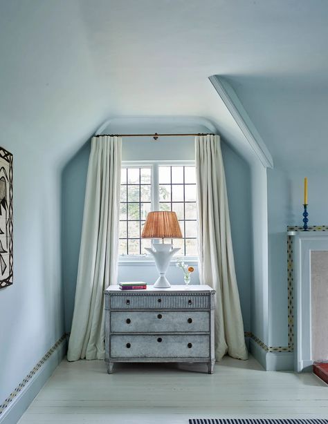 Borrowed Light Farrow And Ball, Tall Ceilings Bedroom, Skylight Bedroom, Setting Plaster, Mint Green Paints, Light Blue Paint Colors, Borrowed Light, Plaster Wall Lights, Light Blue Paints