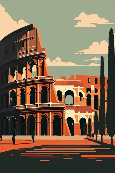 Colosseum Illustration, Rome Illustration, Totti Roma, Italy Paintings, Knossos Palace, Italy Illustration, Colosseum Rome, Rome City, Italy Painting