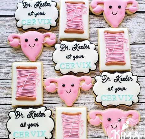 Uterus cervix cookies Surgery Cookies, Match Day Party, Uterus Party, Masters Graduation Party, Residency Graduation, Medical Cake, Doctor Appreciation Gifts, Period Party, Pregnancy Due Date