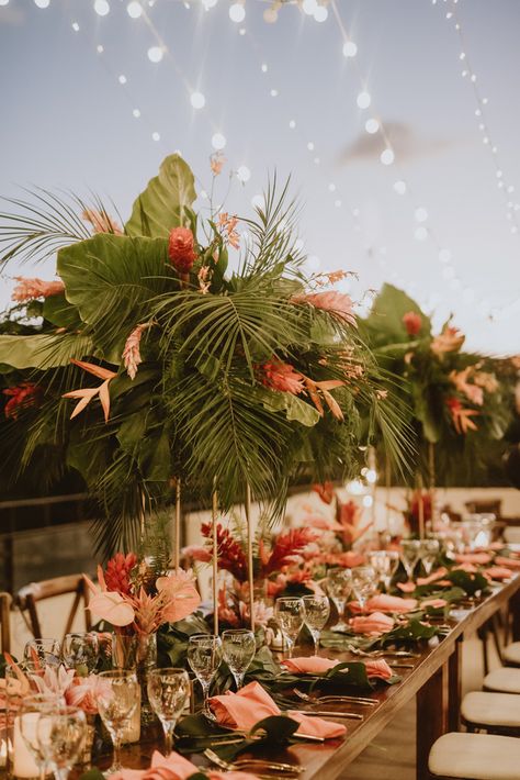 Tropical Wedding Centrepiece, Outdoor Tropical Wedding Reception, Tropical Table Decor Wedding, Tropical Classy Wedding, Tropical Glam Wedding Bridesmaid Dresses, Tropical Romantic Wedding, Moody Tropical Wedding Decor, Tropical Chic Wedding Decor, Tropical Theme Wedding Decorations