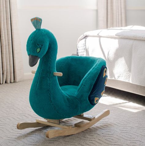 Peacock Nursery, Character Furniture, Peacock Baby, Kids Rocker, Wooden Rocker, Rocking Toy, Toy Ideas, Childrens Furniture, Rocking Horse