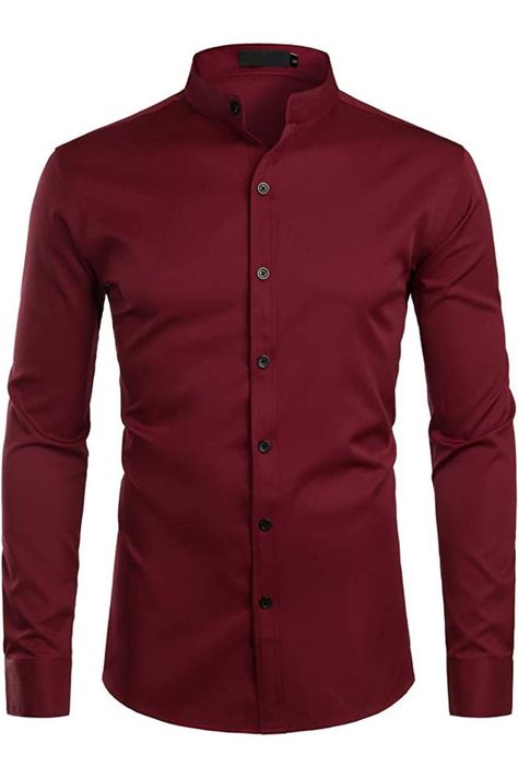 This is a great shirt for a business professional look. Every man can rock this shirt and up their style. Mandarin Collar Dress, Banded Collar Shirts, Formal Shirt Dress, Long Sleeve Fitted Dress, White Shirt Men, Mens Designer Shirts, Camisa Social, Slim Fit Dress Shirts, Fitted Dress Shirts