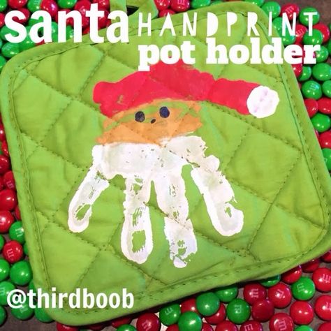 Handprint Pot Holders Christmas, Handprint Pot, Christmas Hand Print, Pot Holder Crafts, Preschool Christmas Gifts, Diy Christmas Projects, Kiddie Academy, Santa Handprint, Junior Kindergarten