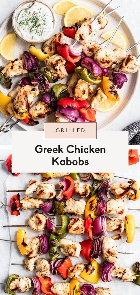 Easy & delicious greek chicken kabobs made with a yummy, zesty greek marinade, red onion and three different types of bell peppers. Make these greek chicken kabobs on the grill or in the oven and serve them with a homemade greek yogurt tzatziki sauce! The perfect summer meal. #chicken #chickenrecipe #kabobs #grilling #glutenfree #grainfree #paleorecipe #paleo #healthydinner Yogurt Tzatziki Sauce, Greek Yogurt Tzatziki, Greek Marinade, Greek Chicken Kabobs, Staple Recipes, Homemade Greek Yogurt, Homemade Tzatziki Sauce, Homemade Tzatziki, Ambitious Kitchen