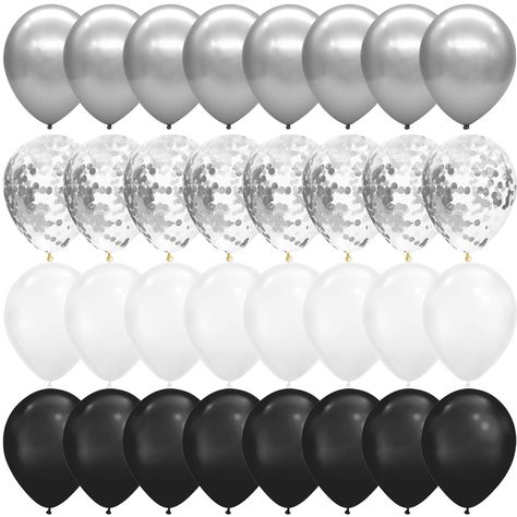 PRICES MAY VARY. · Package includes: 25pcs metallic chrome silver balloons; 25pcs silver confetti balloons; 25pcs latex black balloons and 25pcs latex white balloons. · Premium Quality Party Balloons: 12 inch birthday balloons are made in quality latex which safe to use around children. · Wide application: these black balloons different sizes pack are great for Bachelorette Parties, Engagement Parties, Birthdays, Bridal Showers, and more black and white decor occasions! · Easy to Use: These conf Black Party Decorations Birthday, Black And White Party Decorations, Balloons For Wedding, Black And White Balloons, Black Party Decorations, Silver Balloons, Fete Saint Patrick, White Party Decorations, Silver Confetti