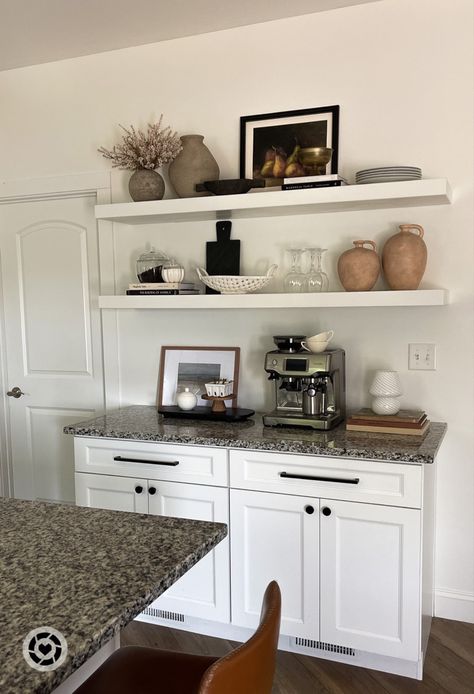 Bar Cart With Floating Shelves Above, Sideboard With Floating Shelves, Coffee Bar Floating Shelves Decor, Coffee Bar With Shelves Above, Floating Shelves Above Coffee Bar, Kitchen Buffet Cabinet Decor, Coffee Bar With Floating Shelves, Floating Shelves Coffee Bar, White Kitchen Floating Shelves