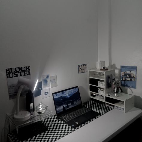 — engene's desk area #enhypen #engene #kpop #blue Black Desk Setup, Guys Desk, Blue Desk, Desk Layout, Desk Area, Desk Areas, Black Desk, Desk Setup, Blue And Black