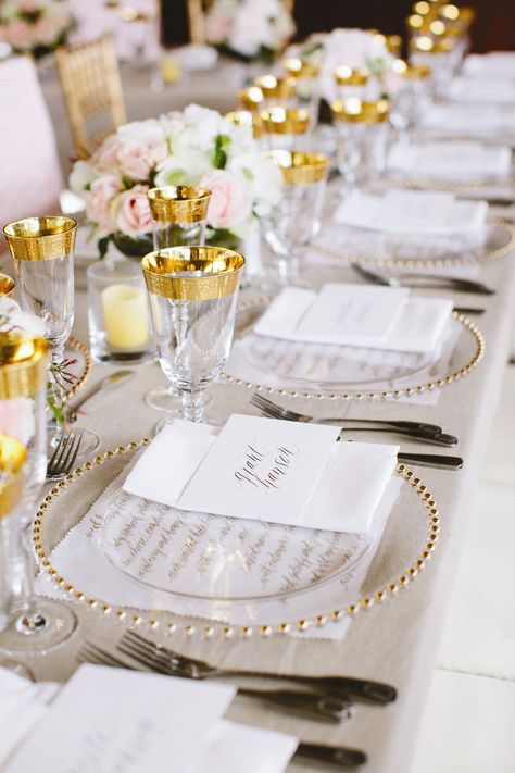 Gold Rimmed Glassware Wedding Plate Setting, Table Coordinate, Wedding Table Menus, Wedding Color Combinations, Wedding Chair Decorations, Wedding Plates, Cruise Wedding, Wedding Place Settings, Table Runners Wedding