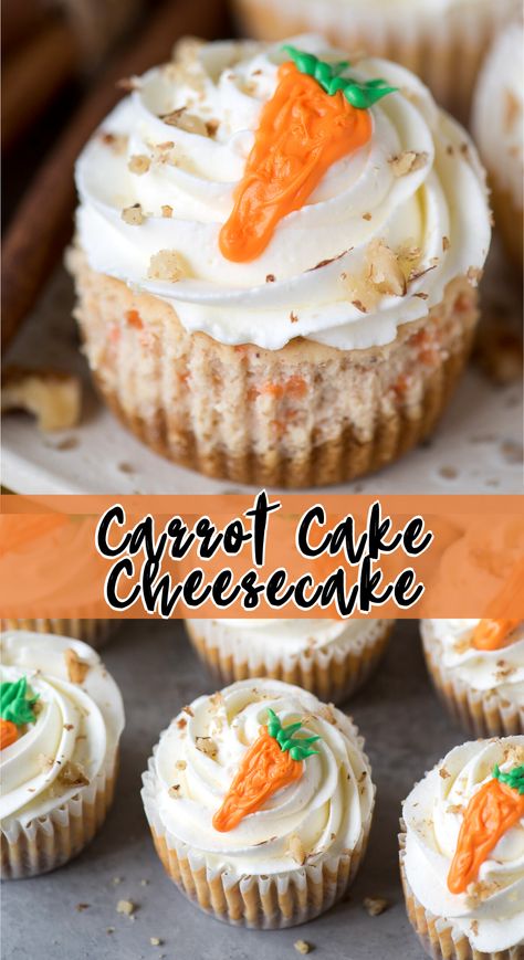 Mini Carrot Cake Cheesecakes made in a muffin pan are easy to make and are the perfect Easter cheesecake to serve for a crowd! These carrot cake cheesecake cupcakes have a graham cracker crust and a creamy carrot and spice cheesecake filling. 30 minutes total to prep and bake, then chill in the fridge until serving. #carrotcakecheesecake #minicheesecakes #eastercheesecake Birthday Cheesecake Cupcakes, Cheesecake Recipes For Easter, Cheesecake For Easter, 4 Way Cheesecake Pan, Mini Cannoli Cheesecake Bites, Mini Easter Cheesecake Recipes, Easy Carrot Cheesecake Recipe, Easter Cheesecake Mini, Mini Cheesecakes For Thanksgiving