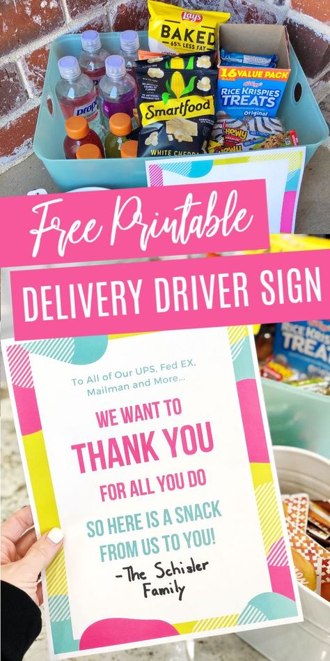 Delivery Driver Thank You Basket! A fun and easy way to share some love  this time of year to the people who are working deliveries! Simple snacks can mean so much! Easy DIY Thank You Basket for your Front Porch with a Free Printable! #passion4savings #delivery #driver #sign #thank #you #helping Goodie Basket For Delivery People, Printable Signs Free, Goodie Basket, Thank You Baskets, Simple Snacks, Holiday Hack, Delivery Driver, Creative Diy Gifts, Appreciation Gifts