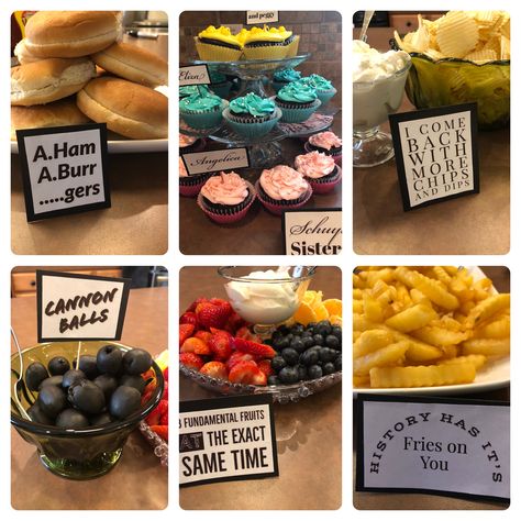 Hamilton party food puns Broadway Musical Birthday Party Ideas, Founding Fathers Theme Party, Hamilton Themed Snacks, High School Musical Themed Food, Hamilton Sleepover Ideas, Hamilton Bday Party, Hamilton Bachelorette Party, Tortured Poets Department Party Food, Hamilton Themed Food