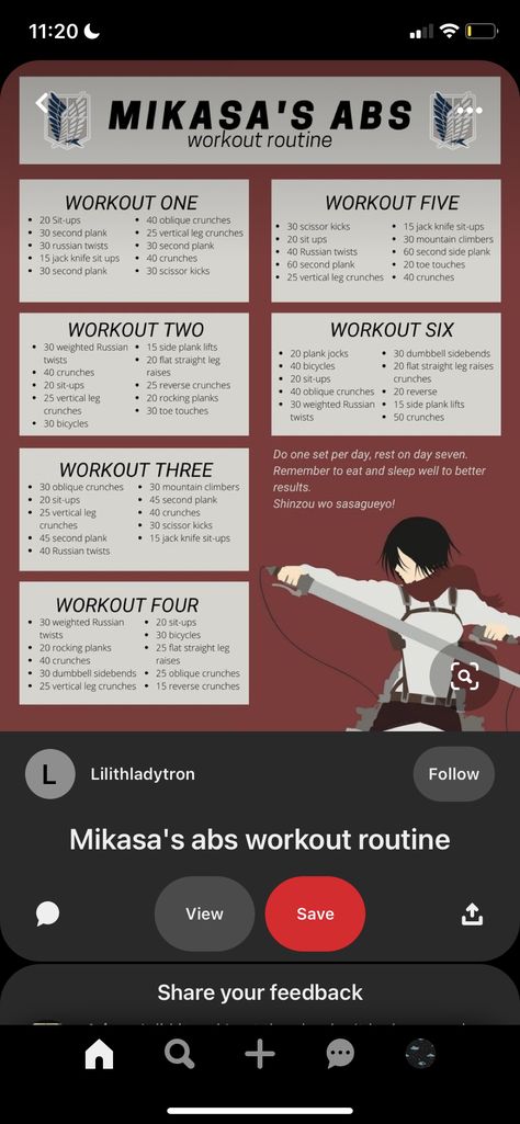 Mikasa Abs Workout, Mikasa Ackerman Workout, Vertical Leg Crunches, Oblique Crunches, Scissor Kicks, Crunches Workout, Abs Workout Gym, Abs Workout Routines, Russian Twist