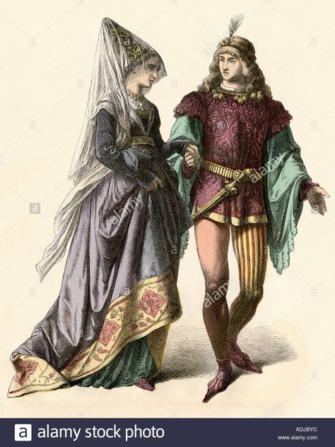 Download this stock image: Noble woman of Burgundy courted in the 1400s - ADJBYC from Alamy's library of millions of high resolution stock photos, illustrations and vectors. 1400s Fashion, 15th Century Fashion, French Costume, Late Middle Ages, Middle Age Fashion, Medieval Costume, Medieval Period, Century Clothing, Medieval Clothing