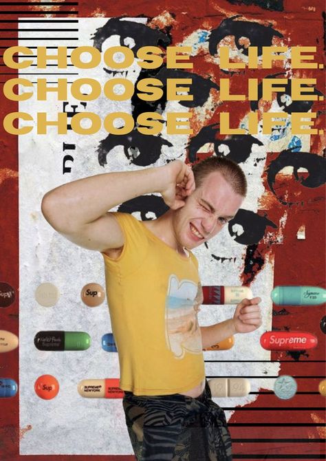 Trainspotting poster in red with 'Choose Life' quote Renton Trainspotting, Trainspotting Poster, Mark Renton, Summer Punk, Sick Boy, Punk Movement, Bedroom Wall Collage, I Love Cinema, Trainspotting