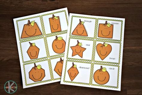 free shape pumpkin printables for prek, kindergarten age kids Pumpkin Shape Matching, Pumpkins Preschool, Preschool Theme Activities, Shape Matching Game, Parts Of A Pumpkin, Shape Activities Preschool, Teaching Shapes, Pumpkin Activities, Pumpkin Printable