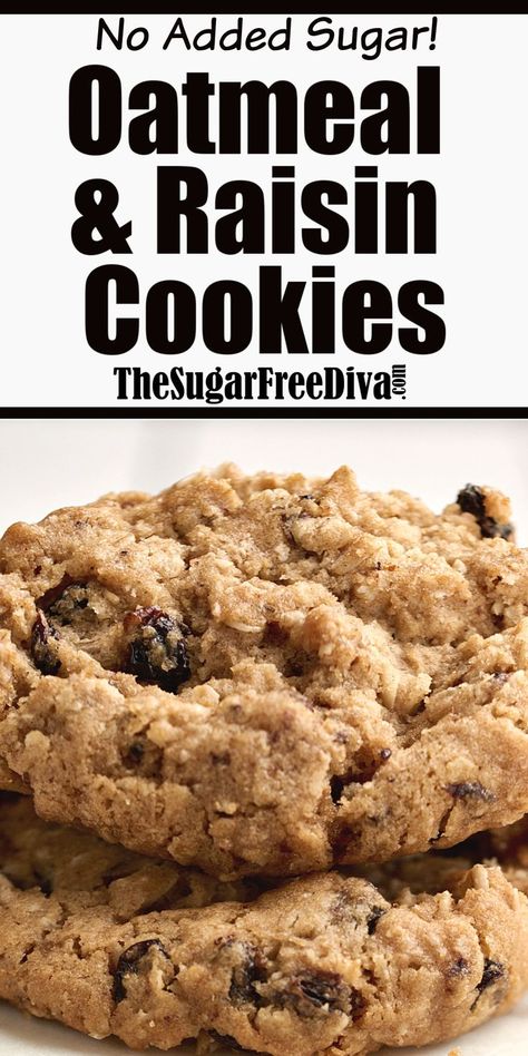 This chewy and soft recipe for No sugar added oatmeal and raisin cookies is so delicious! I like that the oatmeal and raisins are healthy ..  Read more at: https://thesugarfreediva.com/no-sugar-added-oatmeal-raisin-cookies/ Copyright © https://thesugarfreediva.com Sugar Free Oatmeal Cookies, Sugar Free Cookie Recipes, Sugar Free Oatmeal, Sugar Free Desserts Easy, Dolce Poche Calorie, Raisin Cookie, Sugar Free Baking, Sugar Free Recipes Desserts, Sugar Free Treats