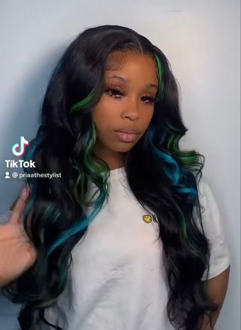 Colored Highlights Black Women, Wigs With Color Highlights, Frontal Sew In With Color, Wig Colors On Dark Skin, Cute Wigs Styles For Black Women, Black And Blue Sew In, Black Wigs With Color, Middle Part Quick Weave With Color, Sew In With Color Leave Out