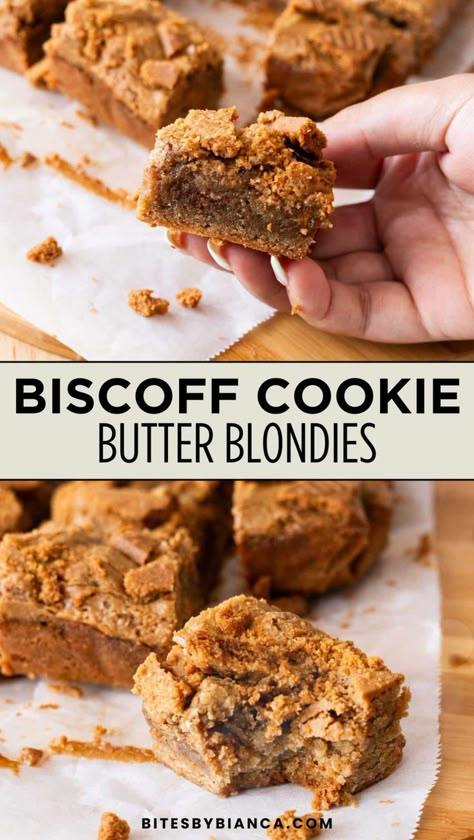 Simple and delicious Biscoff Cookie Butter Blondies! Perfect for a cozy fall gathering or a sweet treat for one or two, these are the best Biscoff blondies. This easy, one-bowl recipe brings together warming spices like cinnamon, nutmeg, and cloves, with melted cookie butter and crushed Biscoff cookies for a rich, chewy dessert bar. The blondie batter mixes up quickly and bakes to perfection, delivering sweet, spiced flavors in every bite. These blondies are sure to become a new fall favorite! Cookie Recipes Fall, Cookie Butter Blondies, Bar Dessert Recipes, Gourmet Cookie Recipes, Biscoff Blondies, Biscoff Cookie Recipe, Unique Cookie Recipes, Best Fall Desserts, Unique Recipes Desserts