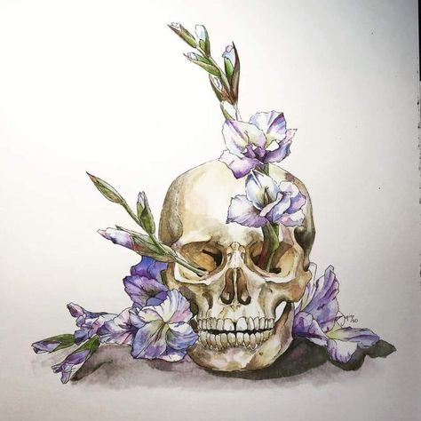 Skull With Flowers Watercolor, Skull With Plants Drawing, Skeleton And Flowers Art, Floral Skull Art, Skull Painting With Flowers, Skeleton Art With Flowers, Floral Skull Aesthetic, Skulls And Flowers Art, Bones And Flowers Aesthetic