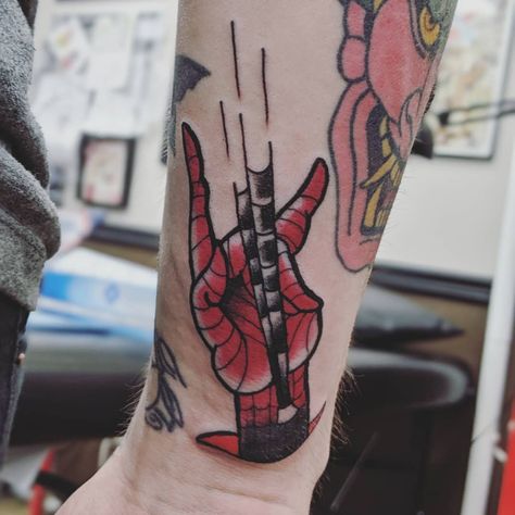 Web Shooter Tattoo, Shooter Tattoo, Your Friendly Neighborhood Spiderman, Spiderman Tattoos, American Classic Tattoo, Spider Man Tattoo, Friendly Neighborhood Spiderman, Spiderman Hand, Tattoo Spider