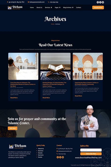 Dirham - Mosque & Islamic Center Elementor Pro Template Kit Islamic Website Design, Canva Project, Orange Web, Model Website, Ui Website, Agency Website Design, Islamic Center, Homepage Design, Agency Website