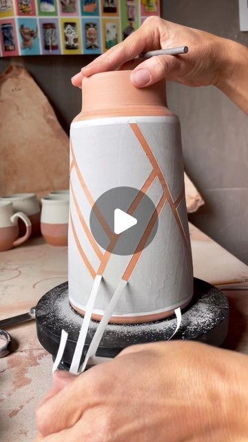 D Whigham Ceramics on Instagram: "I forgot about this vase and so by the time I remembered it, it was too dry to carve.  Decided to just have some fun using tape to make a simple design in the glaze.  . . . . #dwhighamceramics #happylittleaccidents #wheethrownvase #handmadeceramics #ceramiclove #glazeday #localmaker #craftswoman #designermaker #handmadehome" Tape Resist Pottery, Ceramic Underglaze, Handmade Ceramics Vase, Ceramic Jug, Pottery Glazes, October 27, Keramik Vase, I Forgot, Handmade Home