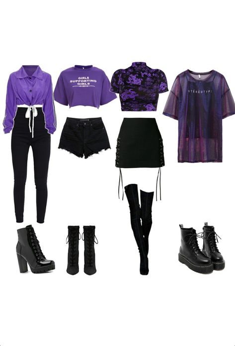 Kpop Concert Outfit Ideas Dreamcatcher, Preformance Outfits Blackpink, K Pop Concert Outfit Ideas Blackpink, K Pop Idols Female Outfits, K Pop Aesthetic Outfits, K Pop Group Outfits, Dark Purple Aesthetic Outfit, K Pop Stage Outfits Ideas, Dark Purple Outfit Aesthetic