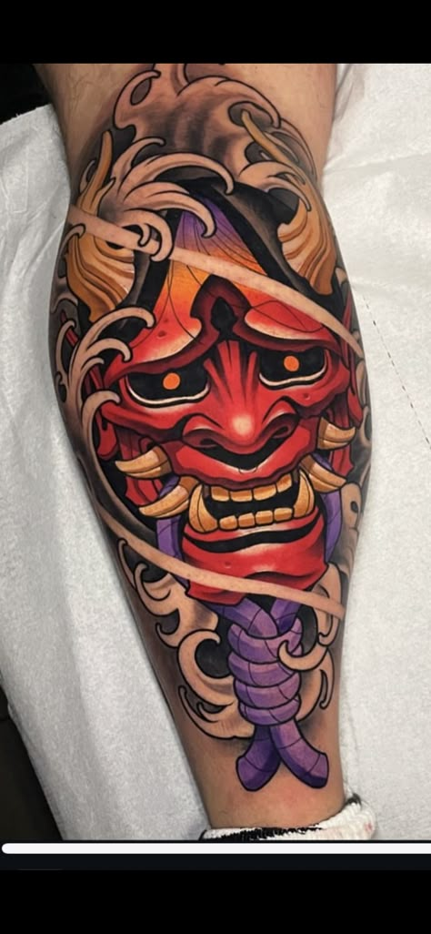 Neo Traditional Japanese Tattoo Design, Coi Tattoo Design, Color Japanese Tattoo, Oni Mask With Flowers Tattoo, Hanya Mask Tattoo Design Colored, Oni Mask Tattoo Back, Oni Mask Tattoo Color, Oni Samurai Tattoo, Japanese Hannya Mask Tattoo Design