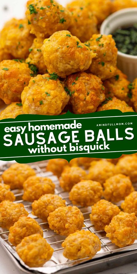 Looking for a delicious football appetizer? These Homemade Sausage Balls Without Bisquick are savory and cheesy! Add these sausage balls to your easy Superbowl recipes or Gameday menu ideas! No Bisquick Sausage Balls, Bisquick Sausage Ball Recipe, Healthy Sausage Balls, Best Sausage Balls Ever, Easy Superbowl Recipes, Sausage Balls Recipe Without Bisquick, Homemade Sausage Balls, Sausage Balls Without Bisquick, Easy Sausage Balls