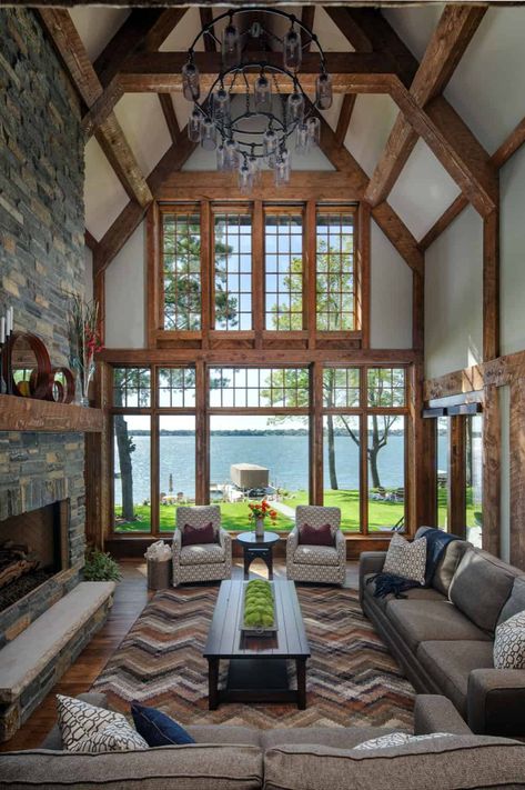 Midwest lake house inspired by a refined mountain modern design Double Height Living Room, French Provincial Home, Lake House Interior, Popular Living Room, Modern Lake House, Mountain Modern, Colonial Style, Modern Rustic, Home Builders