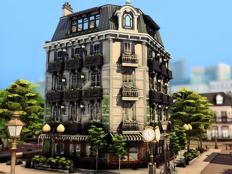 The Sims Resource - Bristo with Apartments (NO CC) Sims 4 Paris Build, Sims4 Apartment Building, Sims 4 Parisian Apartment, Sims 4 Apartment Layout, Sims 4 Apartments, Sims 4 Apartment Building, Sims Exterior, Magnolia Promenade, Sims 4 Apartment