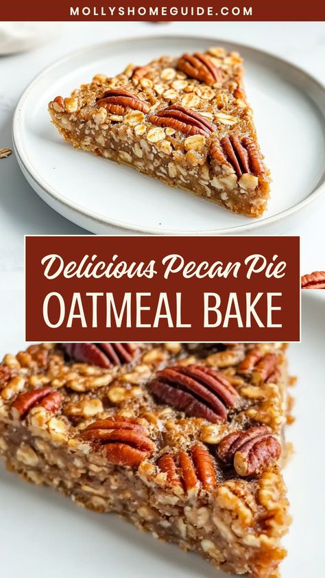 This delicious Pecan Pie Oatmeal Bake is the perfect indulgent yet nutritious breakfast option. The combination of hearty oats, sweet maple syrup, crunchy pecans, and warm cinnamon creates a cozy and satisfying dish that will have everyone coming back for seconds. Whether you are meal prepping for the week or hosting a brunch with friends, this recipe is sure to be a crowd-pleaser. Enjoy the flavors of fall any time of year with this easy-to-make and comforting oatmeal bake. Pecan Pie Baked Oatmeal, Oatmeal Dessert Recipes, Pecan Pie Oatmeal, Recipes With Oatmeal, Oatmeal Desserts, Baked Oatmeal Recipes Breakfast, Oatmeal Dessert, Easy Pecan Pie, Oatmeal Pie