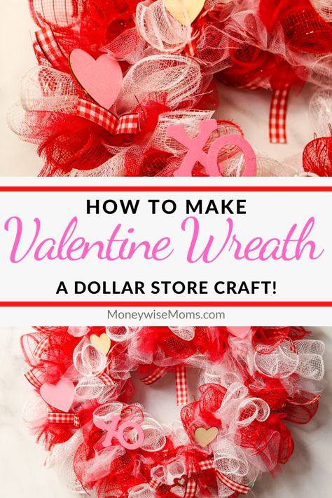 This easy Valentine deco mesh wreath Dollar Tree craft is great for decorating on a budget! Make this gorgeous wreath for yourself or to gift! Diy Heart Shaped Deco Mesh Wreath, Valentine Mesh Wreaths How To Make, Deco Mesh Valentine Wreaths Diy, Dollar Tree Heart Wreath Diy, Valentines Wreath Dollar Store, Dollar Tree Diy Valentines Crafts, Dollar Tree Wreath Ideas, Valentine Wreath Tutorial, Valentine Wreath Craft